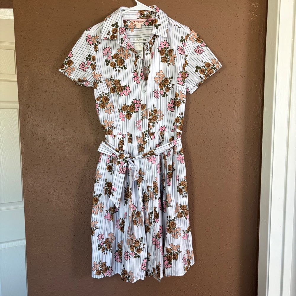 Floral Stripe Shirt Dress with Tie Belt - White/Pink/Brown